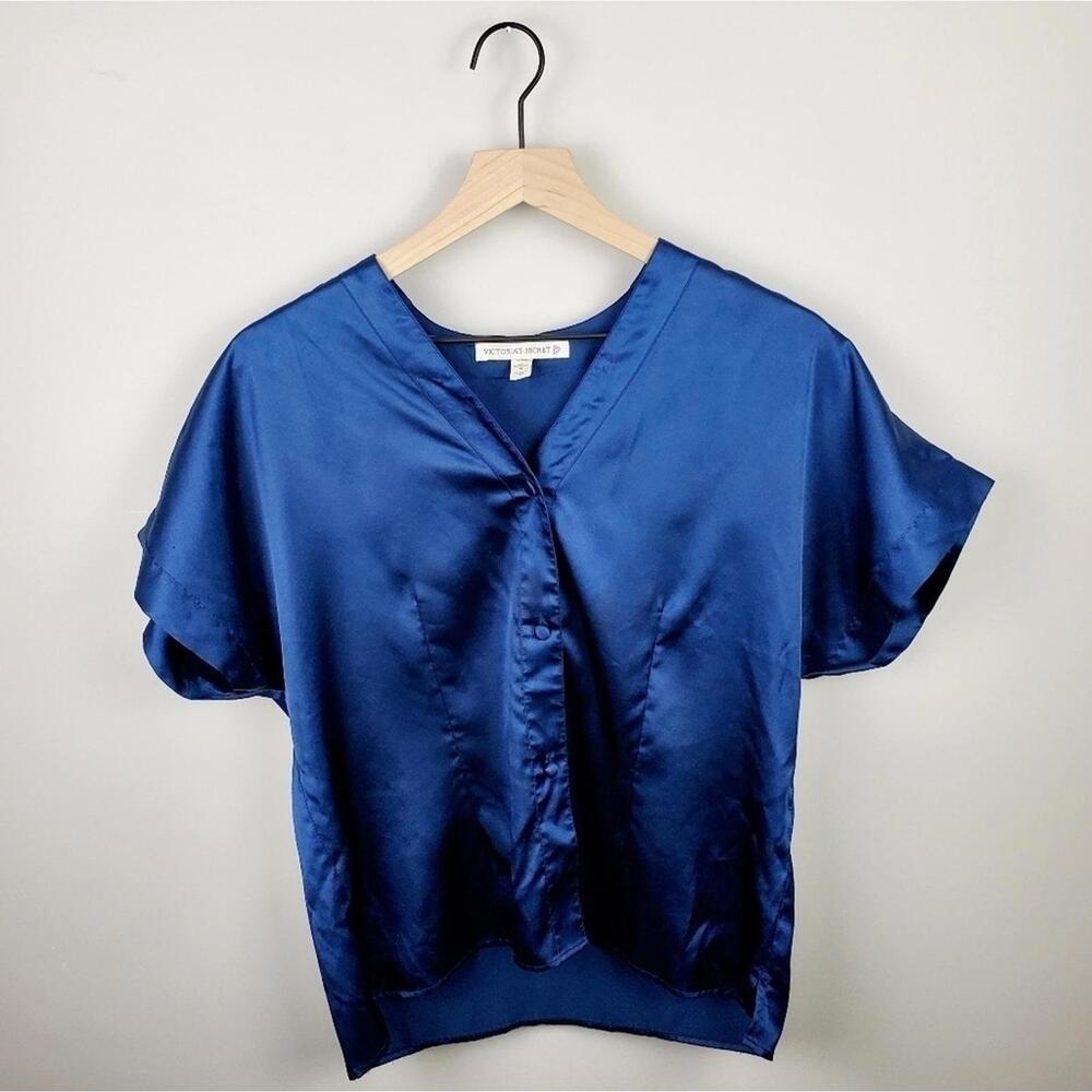 Victoria's Secret Navy Blue Short Sleeve Button Front Sleep Top Lingerie Pajama